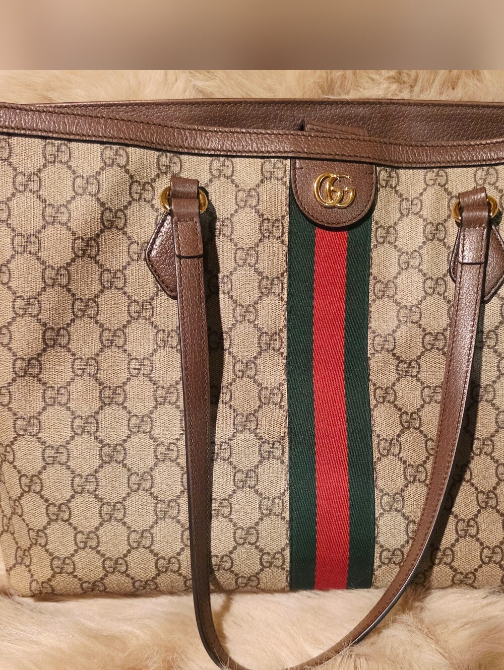 Gucci Ophidia Beige GG Canvas Tote with Brown Trim and Green-Red Web - Picture 15 of 16